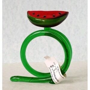 2 Watermelon Napkin Rings Art Glass Green Spiral Standing Fruit Dept 56 NWT